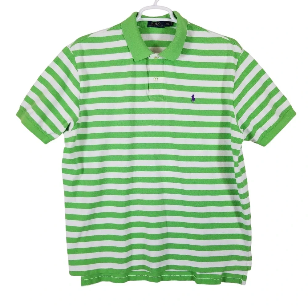 Polo Ralph Lauren Mens XXL Green White Striped Short Sleeve Cotton Polo Shirt